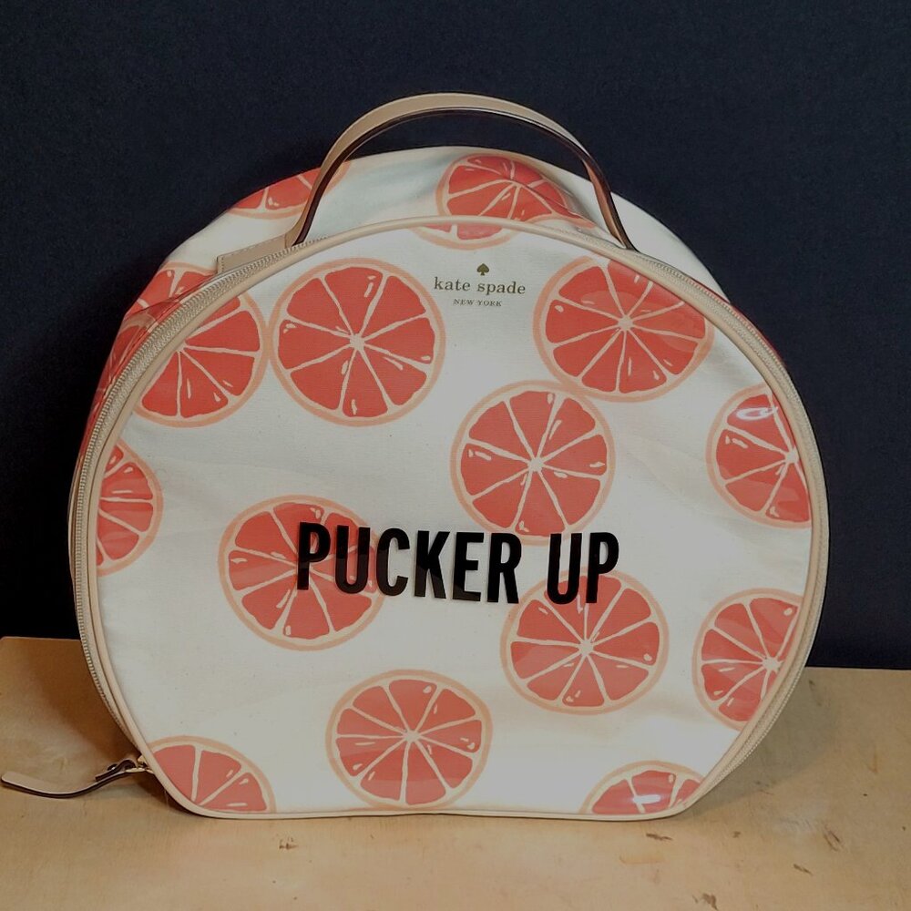 Kate Spade Pucker Up PVC Makeup Bag Round Top Handle Orange Slices 10x12x4 Inch
